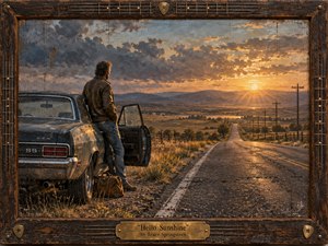 Kung Fu Hand Painting - A solitary traveler stands beside a weathered muscle car on an empty country road, watching the sun break beneath stormy clouds. Warm gold light spreads across dry fields and distant hills, balancing loneliness with fragile hope. Richly textured painterly surfaces, muted earth tones, aged details, and a rustic guitar-string frame deepen the reflective mood.