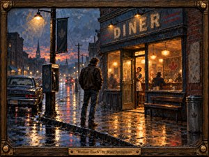 Kung Fu Hand Painting - A solitary man stands outside a glowing roadside diner on a rain-soaked evening, facing a waitress framed in the doorway. Cool blue streets and wet reflections contrast with warm amber interior light, creating longing and emotional distance. Thick, expressive oil-paint textures, vintage details, and an ornate musical frame deepen the nostalgic mood.