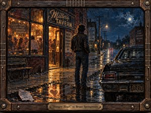 Kung Fu Hand Painting - A solitary man stands on a rain-soaked street outside a glowing neighborhood tavern, caught between warmth, companionship, and the dark road ahead. Amber window light contrasts with deep midnight blues, reflecting across wet pavement and a black muscle car. Textured painterly brushwork, weathered architecture, and a guitar-inspired frame deepen the restless, yearning mood.