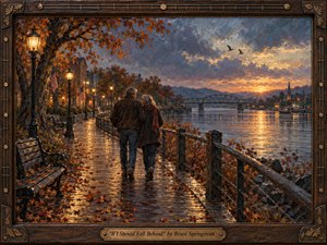 Kung Fu Hand Painting - A gray-haired couple walks arm in arm along a rain-slick autumn boardwalk beside a glowing river at sunset, framed by lamplight, fallen leaves, and a distant bridge and church steeple. Warm amber and copper tones contrast with cool stormy blues in a richly textured, nostalgic oil-painting style with an ornate handcrafted frame.
