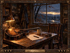 Kung Fu Hand Painting - A weathered acoustic guitar rests across a scarred wooden table beside handwritten pages, notebooks, and a steaming mug in a rustic cabin. Warm amber lamplight contrasts with the cold blue dusk beyond a rain-streaked window, creating a reflective, intimate mood. Rich painterly textures, aged wood, and bronze framing suggest memory, endurance, and quiet confession.