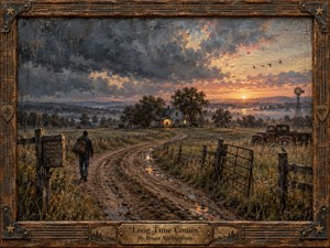 Kung Fu Hand Painting - A lone traveler walks a muddy country road toward a warmly lit farmhouse beneath a dramatic sunset. Stormy blue-gray clouds open into glowing amber and rose light, suggesting renewal and homecoming. Richly textured painterly brushwork, weathered fences, an old truck, windmill, distant birds, and a rustic carved frame deepen the nostalgic mood.