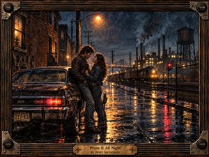 Kung Fu Hand Painting - A young couple embraces beside a rain-soaked muscle car on an industrial waterfront at night. Warm amber streetlights and factory windows glow against deep blue-black skies, reflecting across slick pavement and rail tracks. Painterly textures, smoky chimneys, a freight train, and rugged guitar-inspired framing create a romantic, restless, working-class atmosphere.
