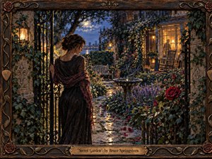 Kung Fu Hand Painting - A solitary woman pauses at an ornate garden gate beneath moonlight, gazing into a lush, intimate courtyard glowing with amber lamplight. Deep blues, burgundy roses, ivy, stone paths, and a quiet fountain create a romantic, guarded mood. Painterly realism, intricate textures, warm reflections, and the carved musical frame deepen the sense of longing.