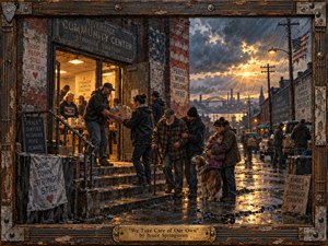 A rain-soaked industrial neighborhood gathers around a warmly lit community center, where neighbors share supplies, comfort a child, and support an elderly man. Cool blue-gray streets and storm clouds contrast with golden sunset light and glowing windows. Textured mixed-media brushwork, weathered brick, reflective puddles, and a rugged wood-and-metal frame reinforce resilience and solidarity.