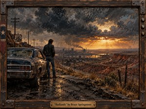 A lone man stands beside a weathered muscle car overlooking an industrial valley and rugged badlands beneath towering storm clouds. Golden sunset light breaks through the darkness, illuminating distant factories, roads, and rust-colored hills. Rich oil-painted textures, cracked pavement, utility poles, worn metal, and a rugged guitar-inspired frame create a defiant, cinematic Americana mood.