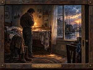 A weary father stands beside a sleeping infant in a modest, rain-soaked working-class bedroom, surrounded by worn boots, a guitar, rumpled bedding, and family keepsakes. Warm amber lamplight meets cool blue dawn through the window, revealing wet streets and distant factories. Textured oil-and-wax styling gives the scene intimate, handcrafted depth.