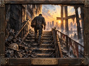 A lone worker climbs shattered concrete stairs through a ruined industrial city toward a radiant sunrise, embodying grief, endurance, and renewal. Dark charcoal, rust, and weathered brown textures give way to warm gold and amber light. Thick painterly impasto, drifting haze, distant birds, torn fabric, and the rugged riveted frame deepen the solemn, hopeful atmosphere.