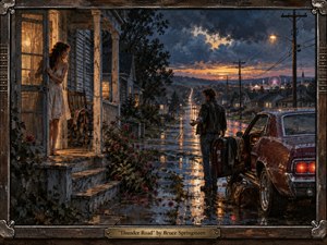 A rain-soaked small-town street at dusk frames two young figures caught between home and departure, with a waiting vintage car and road stretching toward distant carnival lights. Deep blues, amber reflections, and stormy skies create a hopeful, restless mood. Textured painterly detail, weathered architecture, roses, chrome, and glowing windows enrich the scene.