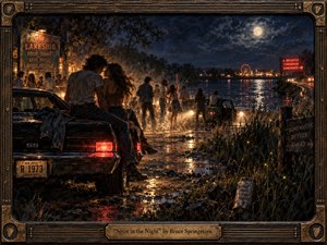 Kung Fu Hand Painting - A young couple embraces beside a dark muscle car at a lively lakeside gathering, surrounded by dancers, headlights, wet earth, and distant carnival lights. Deep blues, amber firelight, and glowing reflections create a restless, romantic mood. The richly textured painted style, moonlit water, vintage details, and ornate guitar-inspired frame evoke nocturnal freedom and youthful possibility.