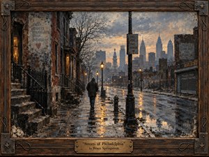 Kung Fu Hand Painting - A solitary figure walks along a rain-soaked Philadelphia street at twilight, framed by weathered row houses and a distant skyline. Amber streetlights shimmer across wet pavement beneath a cold gray-blue sky, creating a mood of isolation and weary reflection. Textured painterly surfaces and a rustic wood-and-metal frame deepen the melancholy atmosphere.