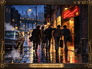 Kung Fu Hand Painting - A rain-slicked city street glows with blue twilight, amber lamps, and vivid red neon as five musicians hurry toward a crowded club. Elevated trains and dark brick buildings frame the scene, while wet pavement mirrors the lights. Painterly realism, energetic movement, steam, vintage cars, and an ornate musical frame create urgent, celebratory warmth.