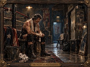 Kung Fu Hand Painting - A bruised, weary wrestler sits hunched beside a ring in a dim, battered locker room, wrapped in warm amber light and cold blue shadows. Rusted lockers, a cracked mirror, wet reflective floors, and torn fabrics deepen the mood. The richly textured mixed-media style, ornate frame, and engraved title plate give the scene a handcrafted, mournful dignity.