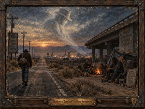 Kung Fu Hand Painting - A weary traveler walks a desolate highway toward a distant industrial glow while displaced families huddle around a small fire beneath a crumbling overpass. Earthy browns, smoky blues, and ember orange create a bleak, compassionate mood. Painterly oil-and-charcoal textures, stormy light, and a ghostly figure in the clouds deepen the haunting Americana atmosphere.