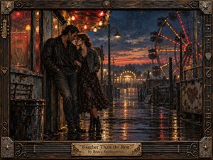 Kung Fu Hand Painting - A rugged couple leans close beneath carnival lights on a rain-slick boardwalk at dusk, their quiet intimacy framed by a glowing Ferris wheel and weathered seaside structures. Deep blues, amber highlights, and sunset reds create a tender, resilient mood in this richly textured, handcrafted painting, enclosed by an ornate, guitar-inspired decorative frame.