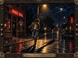 Kung Fu Hand Painting - A solitary young man dances beneath a glowing streetlamp on a rain-slicked small-town street, surrounded by dark storefronts, parked cars, and distant houses. Deep blues, charcoal shadows, amber light, and muted red neon create a restless, cinematic mood, rendered in richly textured, handcrafted oil-and-acrylic style with a rugged musical frame.