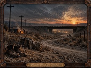 A desolate roadside at dusk stretches beneath storm-dark clouds, where worn boots, a battered cart, distant travelers, and a small campfire suggest hardship and endurance. Warm amber light cuts through muted brown and blue-gray tones, while a ghostly face emerges subtly in the sky. The cinematic photographic style feels haunting, gritty, and compassionate.
