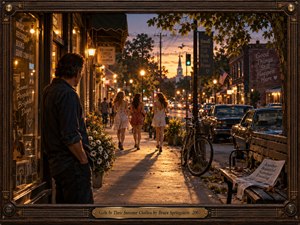 A reflective man stands beside a warmly lit small-town storefront as three young women walk into a glowing summer evening. Golden streetlights, sunset reflections, parked cars, flowers, a bicycle, and distant church steeple create nostalgic Americana. Cinematic photographic realism, rich amber tones, deep shadows, and a handcrafted musical frame heighten the bittersweet mood.
