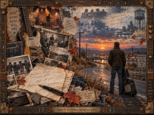 A solitary musician stands beside a winding road at sunset, surrounded by weathered letters, faded photographs, guitar imagery, and autumn leaves. Warm amber, rust, sepia, and blue-gray tones create a reflective, nostalgic mood. The richly textured mixed-media collage blends small-town scenery, distant stage lights, memory fragments, and a rugged guitar-inspired frame.