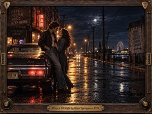 A young couple leans close beside a rain-slicked classic car on a moody 1970s waterfront street. Amber lamps, red taillights, neon signs, and a distant Ferris wheel glow against deep blue night. Cinematic photography, wet reflections, industrial silhouettes, and a guitar-inspired wooden frame create restless romance, urgency, and working-class atmosphere.