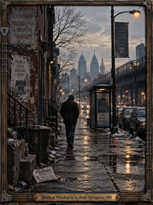 A solitary man walks a wet winter sidewalk beneath dim streetlights, framed by weathered brick, bare branches, parked cars, and a hazy Philadelphia skyline. Muted grays, browns, blues, and amber reflections create a bleak, introspective mood. Cinematic film grain, deep perspective, slush, puddles, and a distressed metal frame reinforce loneliness and resilience.