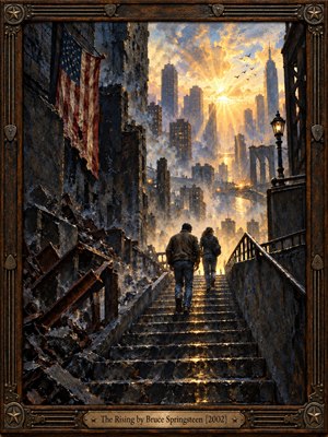Two figures climb a battered city staircase toward a radiant golden sunrise, surrounded by dark rubble, steel, bridges, and a weathered American flag. Cool blue-gray shadows contrast with warm amber light, creating a solemn yet hopeful mood. Rich oil-paint texture and an ornate bronze-and-wood frame reinforce resilience and renewal.