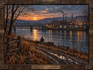 A solitary figure sits beside a dark river at autumn dusk, facing an industrial town, steel bridge, smokestacks, church spire, and glowing Ferris wheel. Warm amber reflections cut through blue-gray water beneath a fiery sunset. Rich oil-paint textures, muddy tracks, bare trees, and a weathered guitar-inspired frame create a melancholic, nostalgic atmosphere.