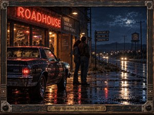 A rain-soaked roadside roadhouse glows with red neon and warm amber light as a couple stands quietly beside a dark vintage car. Wet pavement mirrors headlights and signs beneath a deep blue night sky. Cinematic photographic styling, weathered textures, distant roads, and a rugged musical frame create restrained romance and resilience.