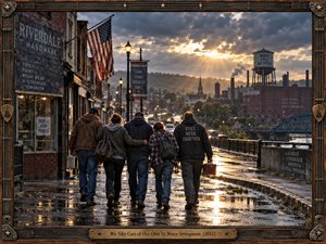 Five working-class figures walk together down a rain-soaked industrial town street beneath a dramatic sunset. Warm amber light breaks through storm clouds, reflecting across puddles and weathered brick. Faded patriotic signs, an American flag, factories, and a blue bridge create a gritty cinematic Americana mood, framed by rustic wood, metal, and guitar details.