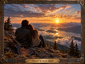 A couple sits closely together on a rocky mountain overlook, gazing toward a glowing sunset above misty lakes and distant peaks. Warm gold and amber light contrasts with cool blue mountains and clouds, creating a romantic, nostalgic mood. A resting guitar and ornate wood-and-metal frame reinforce the handcrafted, classic-rock atmosphere.