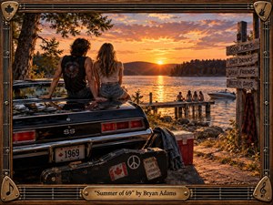 A nostalgic lakeside sunset frames a young couple seated on a black muscle car, watching friends gathered along a wooden dock. Warm amber light reflects across the water, while guitars, a weathered case, cooler, signs, and vintage details create a carefree rock-era mood within a richly crafted musical border.