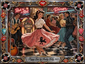 A joyful 1950s dancer twirls across a checkerboard diner floor as couples dance beside a glowing jukebox and guitarist. Warm neon lighting, cherry reds, pinks, turquoise, chrome, and gold create lively nostalgia. The richly painted rock-and-roll scene is enclosed by an ornate musical frame with records, lips, notes, and a polished title plate.