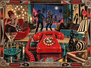 A vivid retro lounge centers on a glossy red rotary telephone, surrounded by stylish partygoers, sculptural decor, and geometric furnishings. Moonlit city lights glow beyond tall windows while turquoise, crimson, black, and gold create electric contrast. The handcrafted pop-art scene feels playful, surreal, fashionable, and charged with late-1970s new-wave energy.