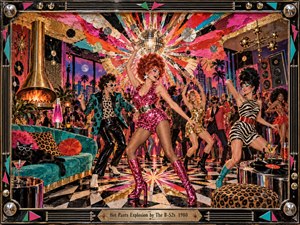 A flamboyant retro dance party erupts beneath a mirrored disco ball, with stylish dancers striking energetic poses across a dazzling geometric floor. Hot pink, turquoise, gold, black, and orange dominate the scene, while dramatic nightclub lighting, reflective surfaces, vintage furnishings, bold fashion, and handcrafted mixed-media textures create a playful, explosive atmosphere.