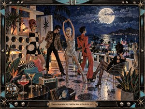 A moonlit rooftop party unfolds in a retro coastal setting, where stylish figures dance among tropical plants, cocktails, records, and space-age decor. Deep blues, silver, coral, teal, and black create a playful nocturnal mood, while glowing moonlight, reflections, collage textures, and a sculptural frame add theatrical new-wave energy.