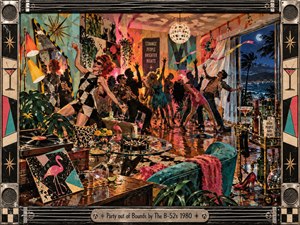 A chaotic retro house party erupts in vivid pinks, turquoise, black, and gold, with dancing figures, scattered drinks, tropical plants, and glossy reflections filling the room. Warm lamps and moonlight heighten the unruly energy. Textured mixed-media styling, geometric decor, and a metallic musical frame evoke eccentric 1980 nightlife.