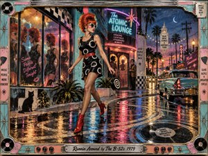 A red-haired woman strides through a rain-slicked neon nightlife district, surrounded by retro storefronts, palm trees, vintage cars, glowing signs, and mirrored reflections. Turquoise, pink, amber, and electric blue lighting create a playful restless mood. Handcrafted mixed-media textures, worn metal framing, records, and musical hardware reinforce the energetic period atmosphere.
