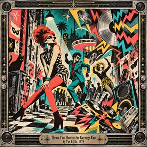 A riotous screen-print nightclub erupts with angular dancers, flying records, and jagged bursts of sound. A red-haired woman commands the checkerboard foreground while turquoise, coral, and yellow shapes crackle through the shadowy cityscape. Distressed halftone textures, dramatic spotlights, glittering starbursts, and a metallic amplifier frame celebrate exuberant new-wave rebellion.