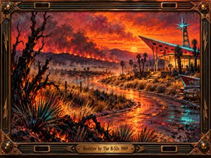 A winding desert road glows beneath a fiery crimson sky as distant brushfires illuminate smoky mountains. Charred trees, spiky vegetation, a vintage car, and a futuristic roadside pavilion create an eerie atmosphere. Rich painterly textures, turquoise highlights, and dramatic sunset lighting contrast beautifully within an ornate bronze musical frame.