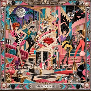 A surreal 1980s dance party unfolds around a towering confection-like sculpture crowned with chrome spheres and red lips. Four flamboyantly dressed figures strike playful poses amid pink furniture, disco balls, vinyl records, and tropical silhouettes. Turquoise, coral, gold, and purple collage textures shimmer beneath theatrical lighting, framed in ornate metallic trim.