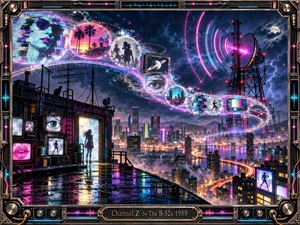 A neon-soaked city stretches beneath storm clouds as a towering satellite dish broadcasts pink waves across the sky. Glowing orbs carry fragmented faces, television imagery, and nostalgic scenes above a rain-slick rooftop. Electric blues, purples, and magentas illuminate this surreal, energetic digital artwork, enclosed by an intricate metallic control-panel frame.