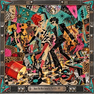 Angular dancers twist through a chaotic retro nightclub, surrounded by scattered vinyl records, cocktails, a toppled lamp, and glittering disco lights. Torn-paper collage textures burst with turquoise, hot pink, red, and gold against deep shadows. Warm amber lighting energizes the scene, enclosed by an ornate chrome frame and engraved title plate.