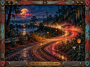 A vintage car speeds along a winding muddy road beneath an enormous amber moon. Glowing red taillights reflect across wet tracks as mist surrounds dark forests and distant waterways. Rich blues, fiery oranges, and pink clouds create a mysterious atmosphere. Detailed painterly textures and a weathered musical frame enhance the nostalgic scene.
