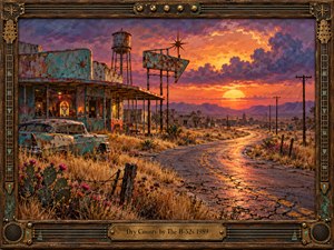 A weathered turquoise roadhouse and rusting vintage car stand beside a cracked desert highway winding toward distant mountains. Fiery orange sunlight illuminates dry grasses, flowering cacti, and a skeletal water tower beneath violet storm clouds. Richly textured oil painting and an ornate guitar-inspired frame evoke nostalgic, haunting Americana.