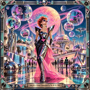 A glamorous red-haired woman in futuristic chrome fashion commands a dazzling neon city beneath a glowing ringed planet. Floating bubbles reveal faces, dancers, and nostalgic symbols. Pink, turquoise, and silver reflections illuminate sweeping architecture and mirrored plazas. An ornate metallic frame completes this playful, surreal vision of tomorrow.