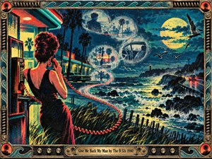 A lonely woman stands at a neon-lit seaside telephone beneath a moonlit sky, surrounded by swirling memories and crashing waves. Coral, turquoise, and deep blue illuminate the nostalgic coastal landscape. Vintage cars, palm trees, distant headlights, and an ornate metallic frame complete this dramatic, textured 1980s screen-print composition.