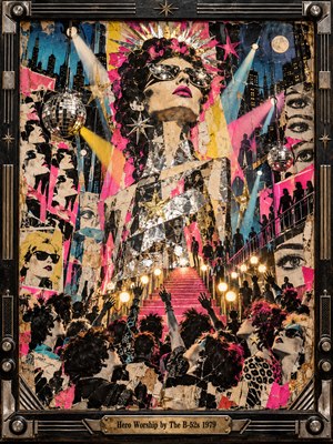 A towering, sunglasses-clad diva rises above an adoring nightclub crowd, crowned by metallic starbursts and theatrical spotlights. Torn posters, repeated faces, glittering disco balls, and a glowing pink staircase fill the nocturnal cityscape. Electric pink, turquoise, yellow, and silver animate this exuberant, uneasy 1970s collage within a dark mechanical frame.