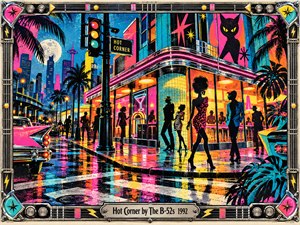 A vibrant neon street corner glows beneath a moonlit skyline, where fashionable silhouettes gather outside a retro nightclub. Electric pink, turquoise, orange, and yellow reflections illuminate rain-soaked pavement. Palm trees, vintage cars, playful signs, and an ornate guitar-inspired frame enhance this energetic, screen-printed celebration of nightlife and urban glamour.