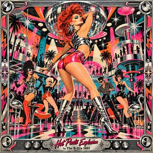 A flame-haired dancer commands a futuristic nightclub beneath a glittering disco ball, surrounded by stylish performers and silhouetted crowds. Hot pink, turquoise, orange, and chrome illuminate the energetic screen-print composition. Starbursts, palm trees, mirrored platforms, and an elaborate metallic frame enhance the playful, electrifying atmosphere of retro dance-floor glamour.