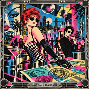 A glamorous red-haired woman in sunglasses and a checkered dress commands a neon nightclub, while a mysterious man watches nearby. Disco balls, dancers, palm silhouettes, and oversized currency motifs fill the electric pink, teal, and yellow scene. Bold halftone textures and a chrome speaker frame evoke playful 1980s screen-print art.